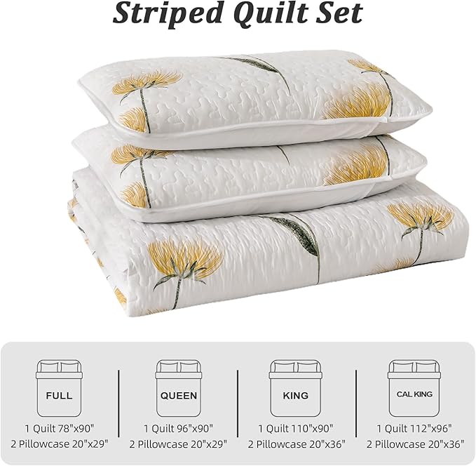 Dinjoy Quilt Set King Floral Bedspread Coverlet Yellow Quilts Bedding Microfiber Lightweight Summer Reversible Soft Farmhouse Fall Plant Bed Cover Sets for All Season(110"x90")