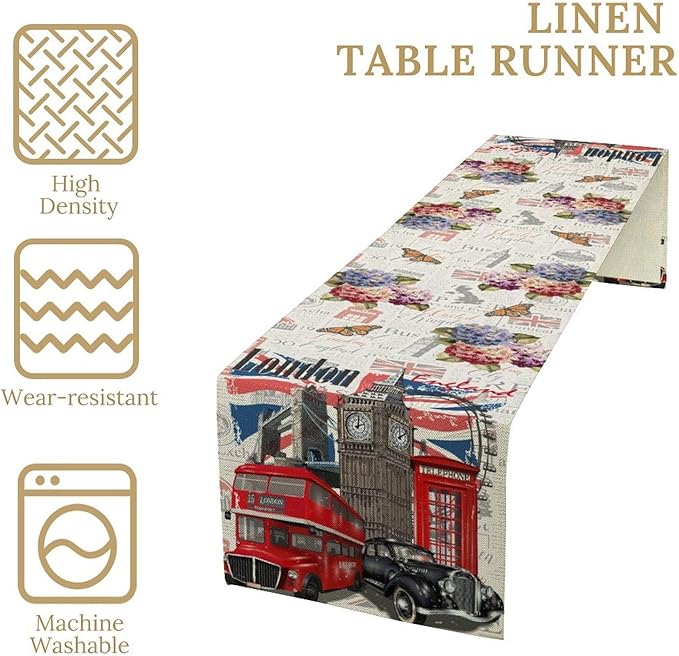 British Table Runner, Seasonal Vintage Floral England London Culture Element Coffee Table Center Decor for Home Kitchen Dining Patio Holiday Party Table Decorations 13x108 inches