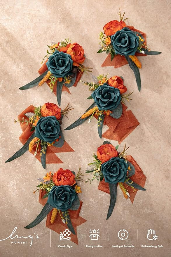 Ling's moment 6pcs Wedding Wrist Corsage Artificial Flowers, Girl/Mother Homecoming Prom Corsages Wristlet Décor, etc. Teal Orange Terracotta