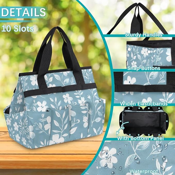Garden Tool Bag Organizer Garden Tote Bag with Pockets Pattern Small Flowers Tool Storage Organizer Gardening Tool Kit Holder 13" x 6.8" x 2.8"
