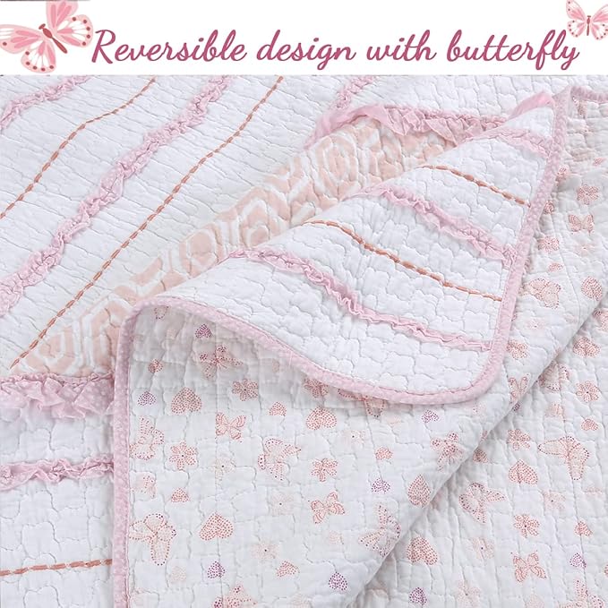 Cozy Line Home Fashions Pretty in Pink Girly Ruffle Stripped 100% Cotton Reversible Quilt Bedding Set, Coverlet, Bedspread (Pink Princess, Queen - 5 Piece: 1 Quilt + 2 Shams + 2 Decor Pillows)