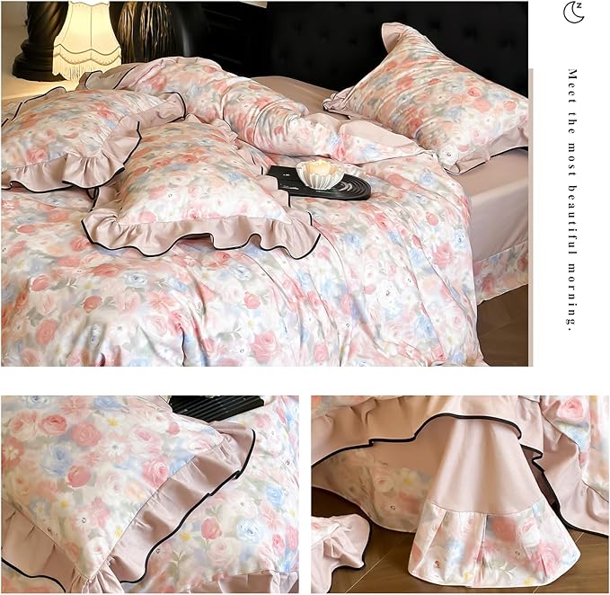 HighBuy Luxury Ruffled Duvet Cover King with Pink Floral Ruffle Edge,Soft Brushed Cotton Floral Bedding Set for Women Girls,Chic Farmhouse Comforter Cover Set,1 Duvet Cover and 2 Ruffle Pillowcase