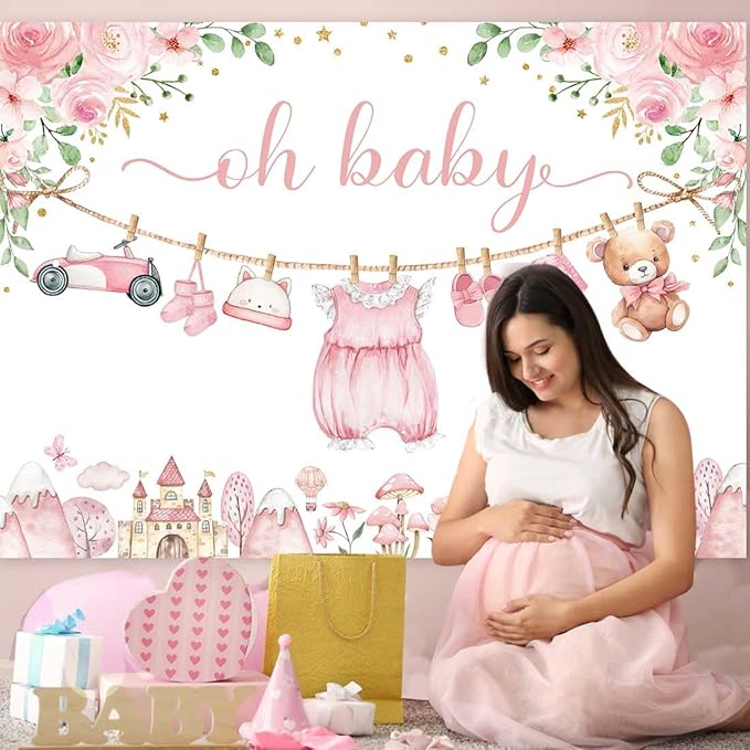 Sensfun Cute Clothes Baby Shower Backdrop Oh Baby Girl Pink Floral Adventure Photography Background It's A Girl Baby Shower Party Decorations Banner Supplies Photo Booth Props 7x5ft