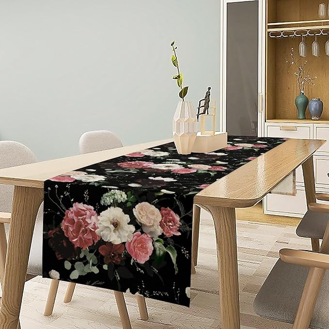 Floral Table Runner,Vintage Gothic Flowers Plant Prints Table Runner for Home Kitchen Table Decor Dining Coffee Room Party Decor 13x60 Inch