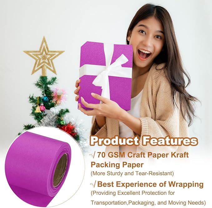 PATIKIL Wrapping Paper, 17" x 300"(25') 70 GSM Craft Paper Roll Kraft Packing Paper for Poster Bulletin Board, Gift Wrapping, Purple