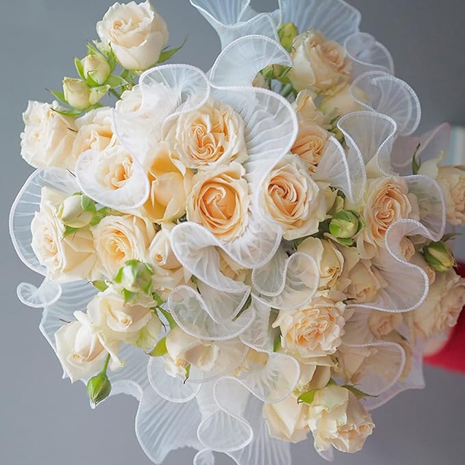 Banxidi Korean Style Ruffle Yarn Floral Wrapping Paper 1 Roll Florist Supplies Waterproof Flower Bouquet Wrapping Paper Floral Supplies for Fresh Flowers,DIY Crafts, 11in x 14.8ft (Pearl Yarn White)