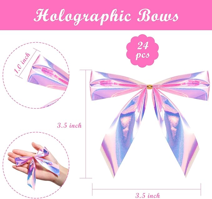 WRAPAHOLIC 24 Pcs Small Holographic Pink Christmas Bows - Iridescent Pink Twist Tie Bows for Christmas Tree, Wreath, Gift Wrapping, Wedding, Crafts, Home Decor - 3.5 x 3.5 inch
