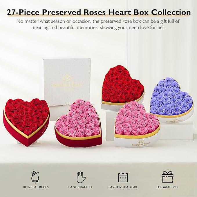 Eterfield Forever Flowers in Heart Shape Box, Preserved Roses That Last Over a Year Preserved Flowers Birthday Gift for Her Mom Women Anniversary Valentine's Day Mother's Day (27 Roses, Light Purple)