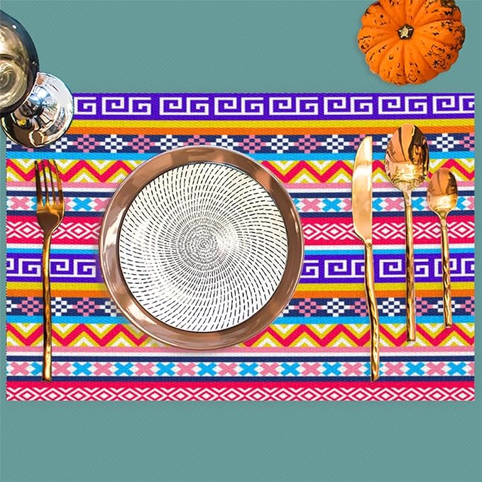 Aztec Rainbow Western Placemats Set of 6 PVC Vinyl Non Slip Table Mats Waterproof Heat Resistant Place Mats Washable Wipeable Dining Table Mat for Kitchen Party Indoor Outdoor Decorative