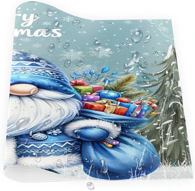 Xmas Christmas Gnomes Bule Snowflake Placemats Set of 1 PVC Vinyl Non Slip Table Mats Heat Resistant Place Mats Washable Wipeable Dining Table Mat for Kitchen Party Indoor Outdoor Decorative Gift
