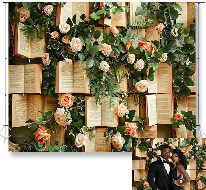 10x8FT Books Flowers Wall Photography Backdrop Green Leaves Rose Flowers Vintage Books Background Newborn Bridal Shower Birthday Party Banner Decor Supplies Photo Studio KUBDJ1003