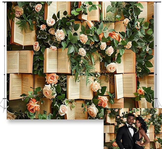 10x8FT Books Flowers Wall Photography Backdrop Green Leaves Rose Flowers Vintage Books Background Newborn Bridal Shower Birthday Party Banner Decor Supplies Photo Studio KUBDJ1003