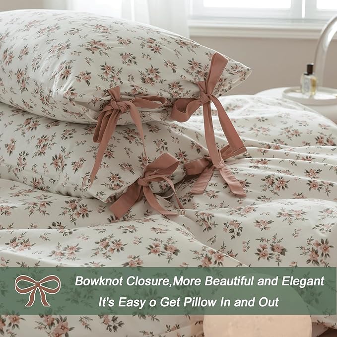 VM VOUGEMARKET Blush Pink Floral Duvet Cover Queen 3 Pieces Cotton Girls Cottagecore Bedding Set,Peach Flower Comforter Cover with Zipper Closure,Vintage Country Bedding 90x90