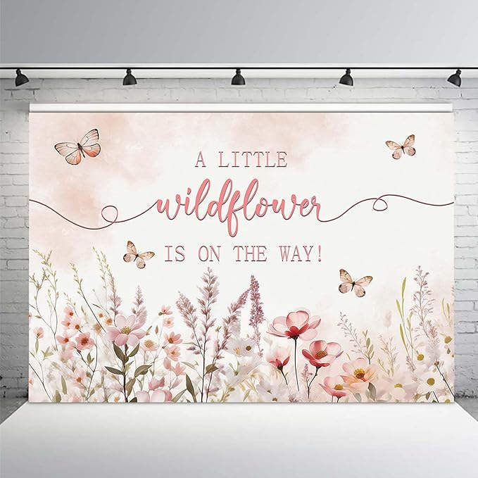 MEHOFOND 10x7ft Baby Shower Backdrop Pink Watercolor A Little Wildflower is On The Way Baby Shower Party Decorations Butterfly Theme Girl Banner Photography Background Props