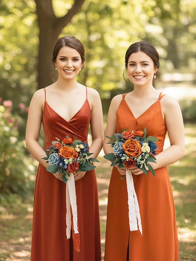Rinlong 1Pc Fall Wedding Bouquets for Bridesmaids Bride Terracotta Navy Blue Artificial Bridesmaid Bridal Bouquet for Wedding Prom Burnt Orange Navy Blue