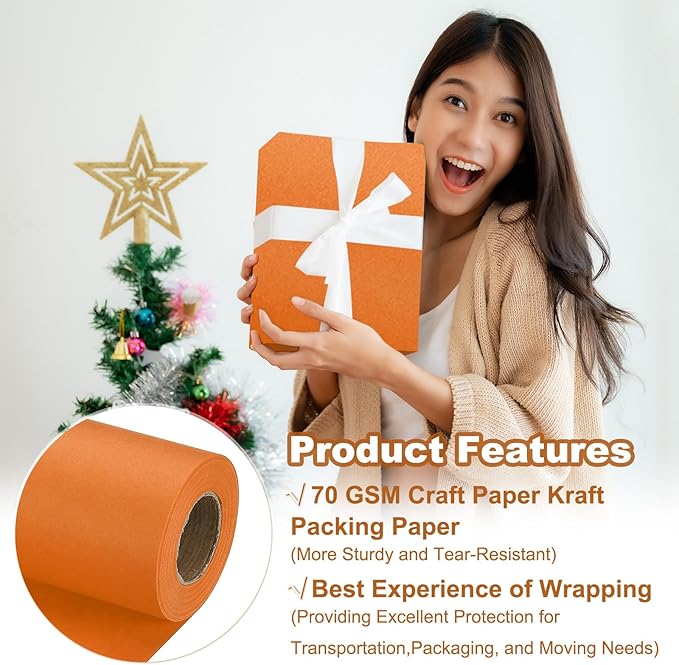 PATIKIL Wrapping Paper, 20" x 450"(37') 70 GSM Craft Paper Roll Kraft Packing Paper for Poster Bulletin Board, Gift Wrapping, Orange