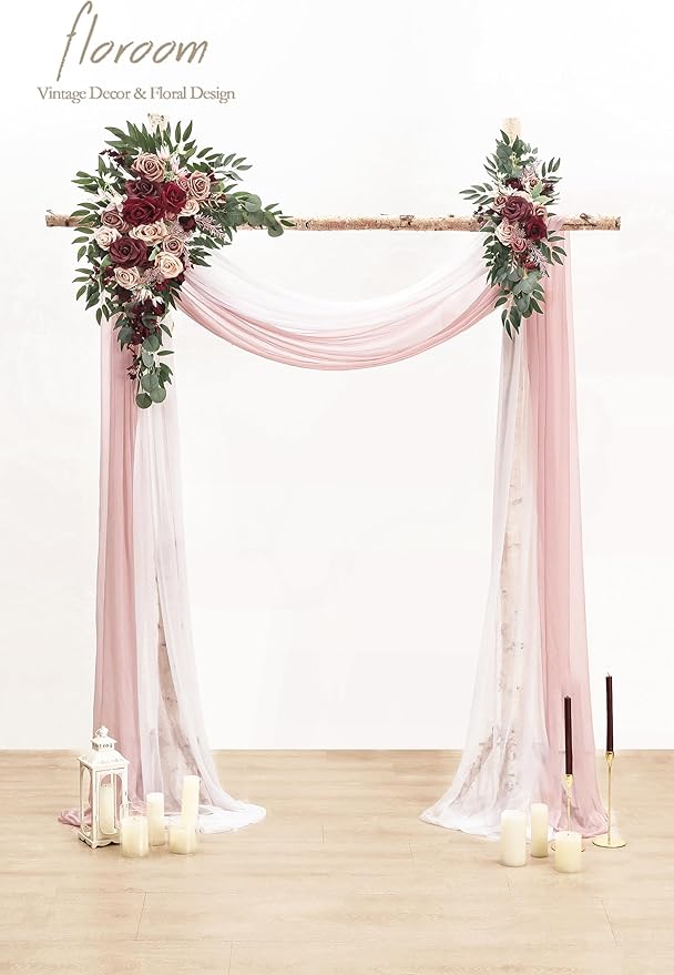 Floroom Arch Flowers with Drapes Kit (Pack of 4) - 2pcs Artificial Marsala & Champagne Floral Swag Arrangement with 2pcs Draping Fabric for Wedding Ceremony Arbor and Reception Backdrop Decoration