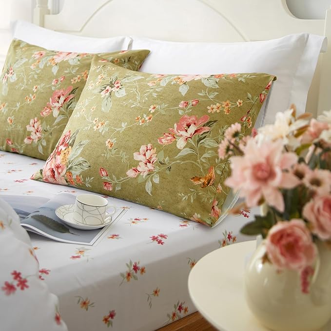 mixinni Duvet Cover Twin XL Size, Long Staple Cotton Reversible Floral Green Duvet Cover Set with Zipper Ties, 3 Pieces Botanical Pink Flowers and Green Branches Patterns Bedding Set