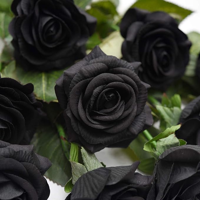 FiveSeasonStuff Fake Black Roses Wedding Flowers Real Touch Silk Artificial Flowers 12 Stems