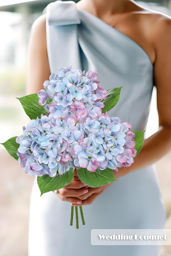3Pcs Baby Blue Hydrangea Artificial Flowers 19.7 in Real Touch Faux Hydrangea Stems Silk Flowers with Stems Fake Blue Flowers Bouquet for Floral Arrangements Table Centerpieces Wedding Home Decor