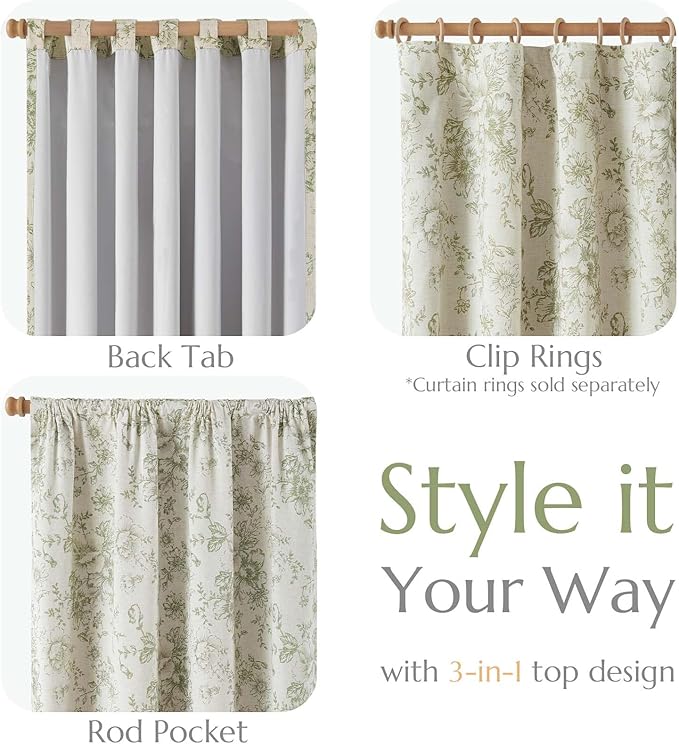 jinachan Blackout Curtains Linen Blend Floral Curtain for Living Room 84 Inch Length Christmas Sage Green Flower Printed with Lined Blackout Drapes for Bedroom Farmhouse Curtains Set 2 Panels