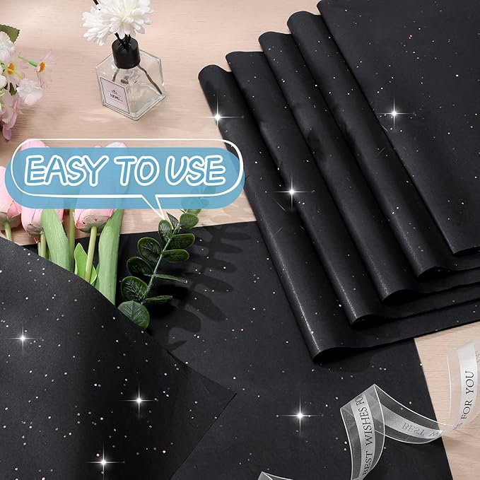 woric 135 Sheets Black Tissue Paper for Gift Bags 20 x 14 Inch Glitter Tissue Paper Bulk with Sparkle for Gift Wrap Crafts DIY Project Birthday Christmas Decor
