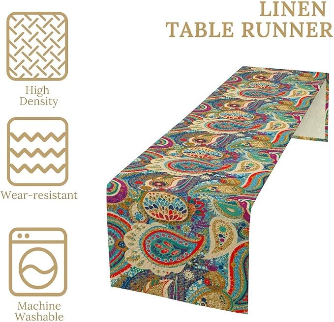 Boho Paisley Table Runner, Colorful Indian Mandala Floral Golden Aeccent Bohemian Style Table Runnner for Kitchen Dining Holiday Party Decoration, 13x120 Inch