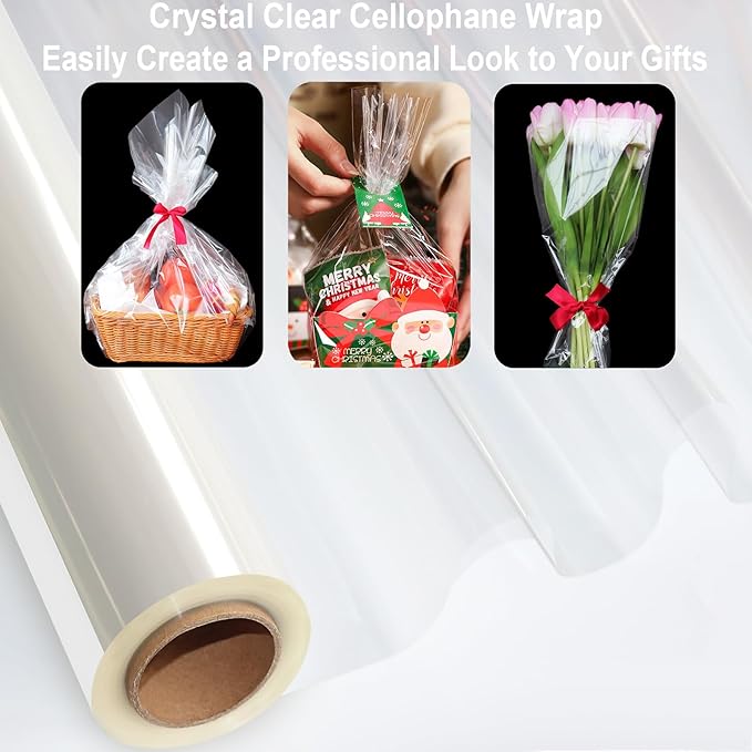 SYOGUA 100 ft Extra Wide Clear Cellophane Wrap Roll, 34" x 100', Thicker Transparent Paper for Gifts, Treats, Holidays, Christmas