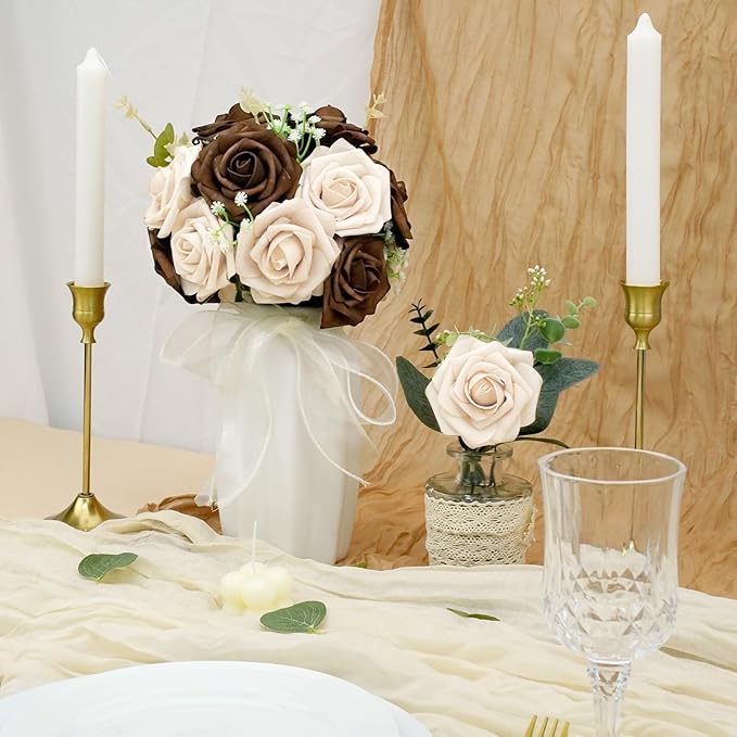 Artificial Flowers, 25pcs Brown and Tan Artificial Flower for DIY Wedding Bouquets Centerpieces Arrangements, Artificial Rose with Stem for Party Home Decorations