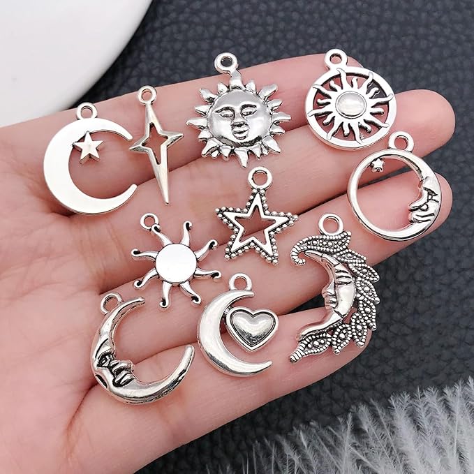 WOCRAFT 60pcs Antique Silver Sun Moon Star Bracelet Charms for Jewelry Making Sets DIY Necklace Bracelet Keychain Crafting Charms Kit Craft Supplies (SN833)