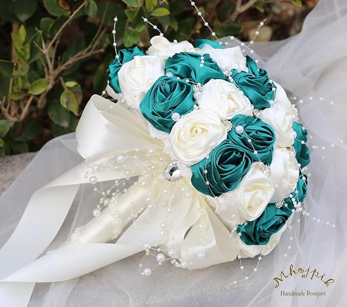 Bridal Wedding Bouquet Round Bling Brooch Bouquet Throw Toss Artificial Rose Flower Bunch for Bride Bridesmaid Wedding Quinceanera(Dark Green & Ivory, 8.7")