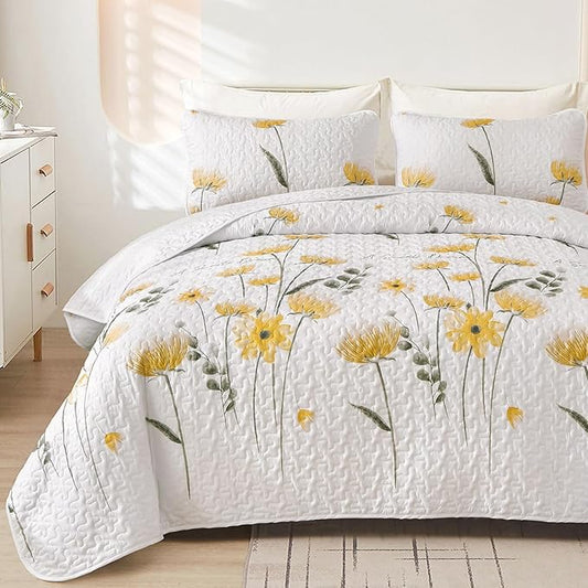 Dinjoy Quilt Set King Floral Bedspread Coverlet Yellow Quilts Bedding Microfiber Lightweight Summer Reversible Soft Farmhouse Fall Plant Bed Cover Sets for All Season(110"x90")