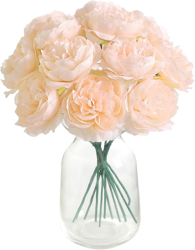 12 PCS Artificial Silk Champagne Peony Flowers with Stems - 8 Inch Fake Peony Bouquet for Wedding, Home Decor, Office Table, Festival Gifts