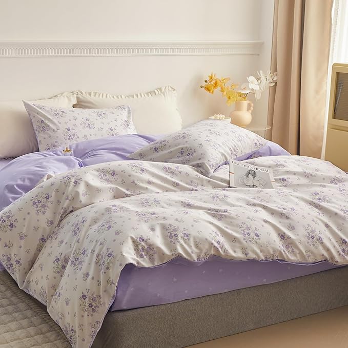 LifeTB Cotton Floral Duvet Cover Queen Vintage Style Purple Floral Bedding Set Chic Garden Flower Duvet Cover Boho Floral Botanical Comforter Cover with 2 Pillowcases Cottagecore Bedding Set Queen