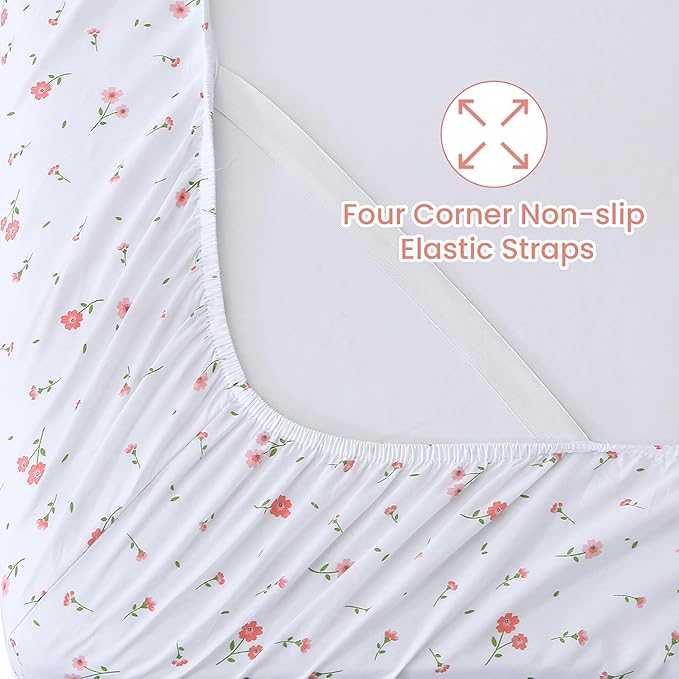 Softan Pink Floral Twin Size Sheet Set, 3 Pieces Single Bed Sheets for Girls, Cozy Microfiber Fitted Sheet with 15" Deep Pockets & Non-Slip Straps, Pink Flower Sheets & Pillowcase Set