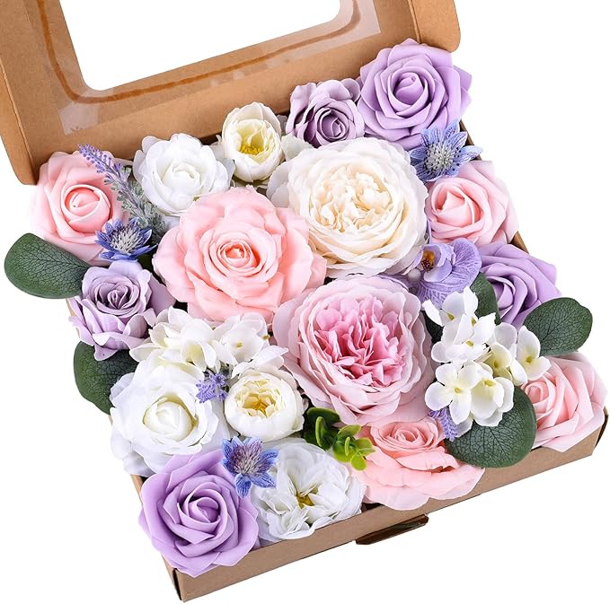 Jspupifip Purple Pink Artificial Flowers Combo Box, Silk Floral Wedding Bouquets Rose with Stem for DIY Wedding Arrangement Bridal Baby Shower Flower Vase Centerpiece Cake Decor