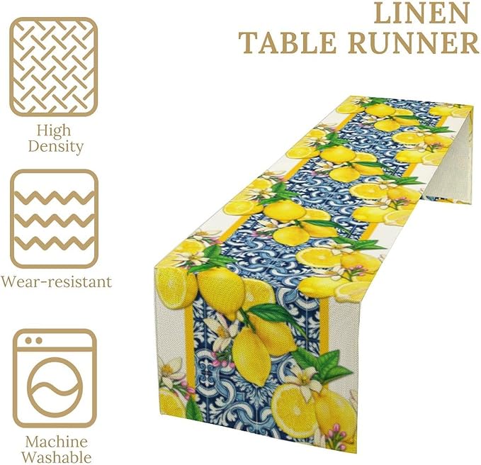 Lemon Table Runner,Summer Blue Tiles Lemons Kitchen Dining Table Decoration Lemons Table Cover for Indoor Outdoor Home Party Decor, 13 x70 Inch