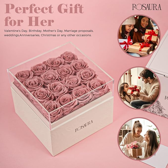 Rosaura Square Preserved Roses Gift Box - Real Forever Flowers in Clear Acrylic Lid, Valentine's for Women (Cappuccino, 16 Roses)