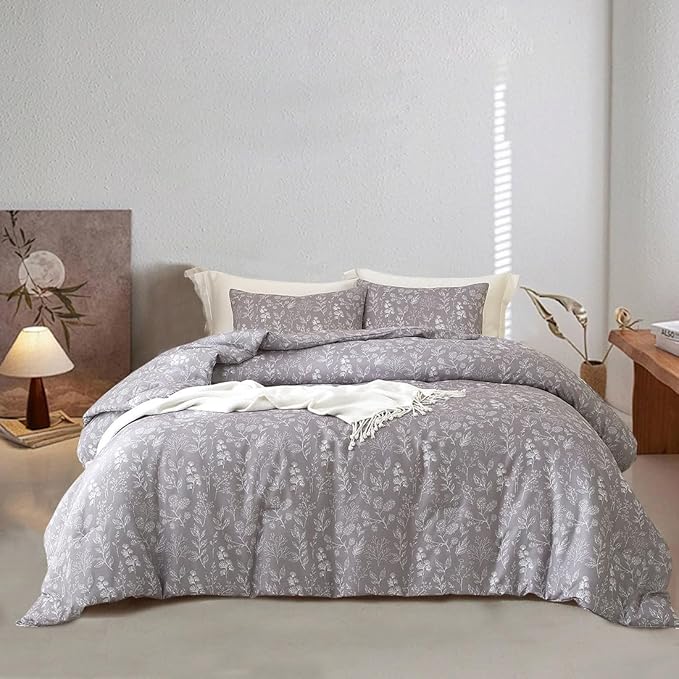 EAVD Vintage Style Grey Floral Duvet Cover Twin Soft Cotton Chic Shabby Garden Floral Bedding Set with 2 Pillowcases Reversible Fresh Botanical Floral Comforter Cover with Zipper Closure