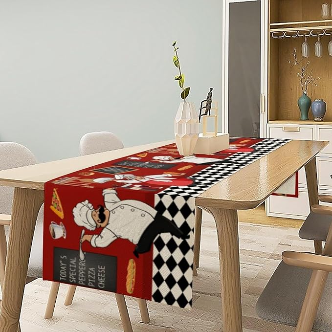 Retro Chef Table Runner,Farmhouse Burlap Table Runners for Party Wedding, Chef Decorations for TKitchen, Chef Kitchen Decor 13x36in