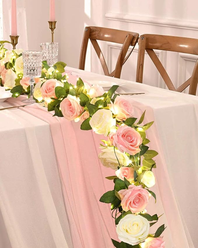 4 Pcs Flower Garland with 39.2 Ft Lights, 26.4 Ft Pink & White Floral Garland Fake Flowers for Wedding Arch Party Wall Garden Room Decor