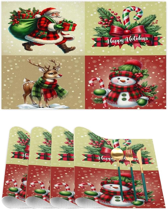 Christmas Waffle Santa Claus Cute Placemats Set of 4 PVC Vinyl Non Slip Table Mats Heat Resistant Place Mats Washable Wipeable Dining Table Mat for Kitchen Decor Party Indoor Outdoor Decorative Gift
