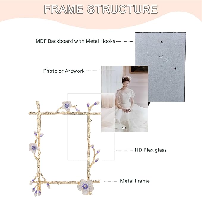 5x7 Purple Floral Picture Frame Vintage Gold Photo Frame with Glass Front, Ornate Antique Tabletop Art Desktop Home Office Decor Gold Metal Frame, Unique Gifts for Women Wedding Mothers Day