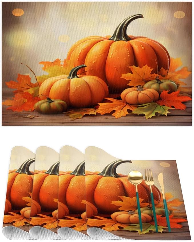 Thanksgiving Fall Pumpkin Placemats Set of 6 PVC Vinyl Non Slip Table Mats Heat Resistant Place Mats Washable Wipeable Dining Table Mat for Kitchen Decor Party Indoor Outdoor Decorative Gift