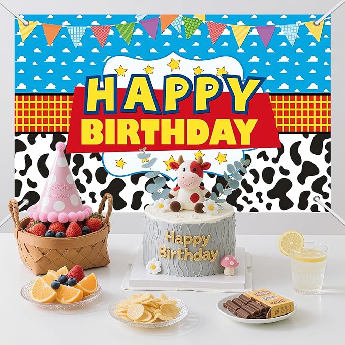 3x5ft Cartoon Cowboy Birthday Backdrop, Happy Birthday Decoration Background, Cute Cartoon Theme Party Supplies Outdoor Indoor Photo Banner