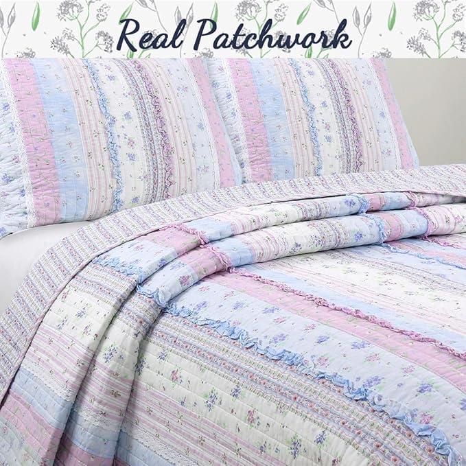 Cozy Line Home Fashions Shabby Chic Romantic Lace Purple Blue Floral Cotton Bedding Quilt Set, Reversible Coverlet, Bedspread (Lavender, Queen-4 Piece: 1 Quilt+2 Shams+1 Decor Pillow)