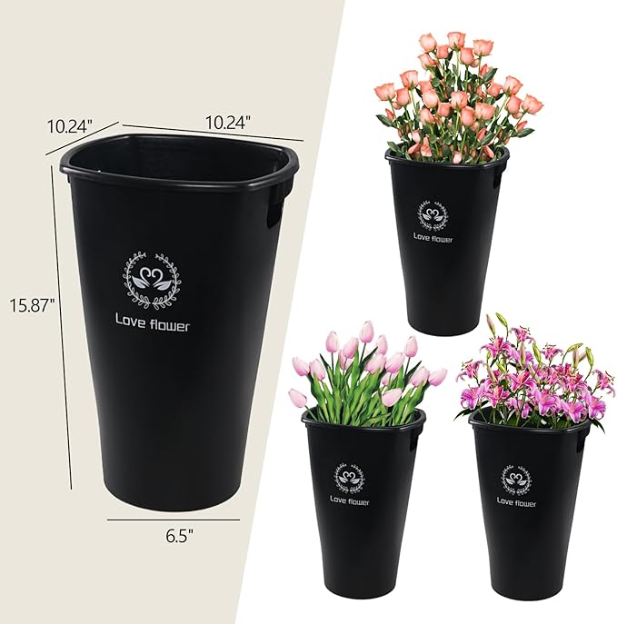 Pekky 4 Packs Tall Plastic Flower Buckets, 15.87 Inches Flower Display Bucket, Black