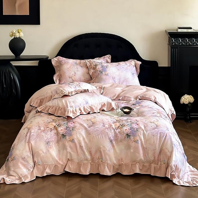 HighBuy Farmhouse Ruffle Duvet Cover Full Size,Pink Floral Lace Ruffle Design Durable Brushed Cotton Duvet Cover Set Coquette Soft Comforter Cover Ruffled,3 Pieces Cottagecore Bedding Set