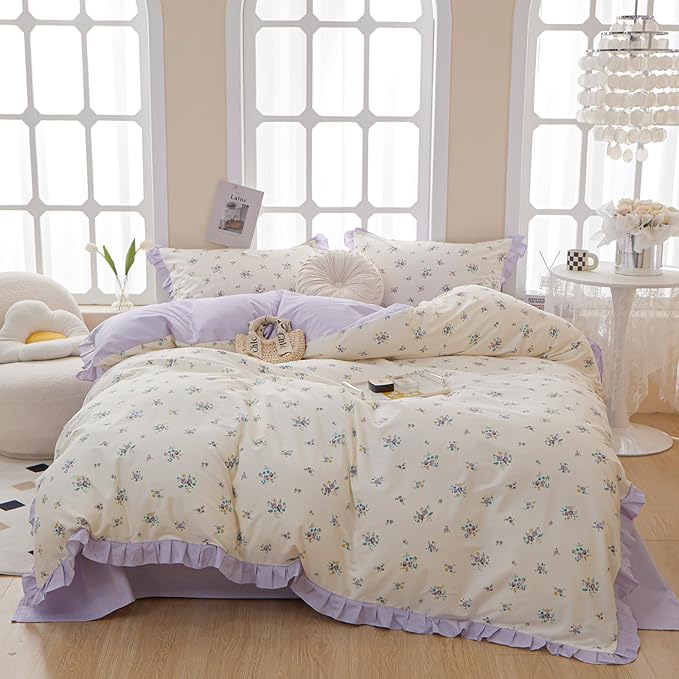 Lace Floral Duvet Cover Twin Cotton Purple Flower 3 Pieces Girls Comforter Cover Garden Style Princess Bedding Set Boho Botanical With Zipper Closure