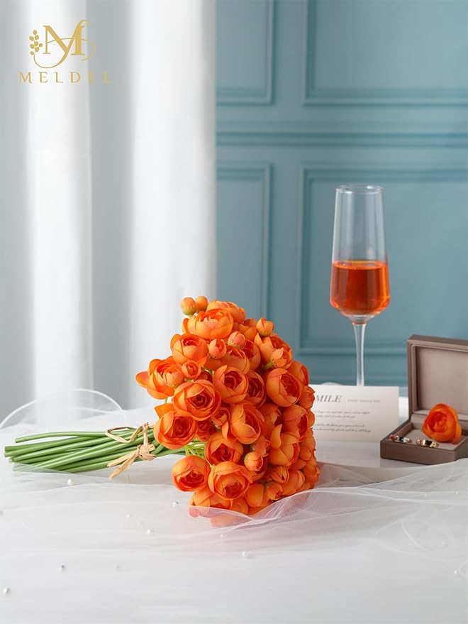 Meldel 32pcs Ranunculus Artificial Flower, Faux Silk Mini Orange Ranunculus Flowers for DIY Bouquet, Bulk Fake Peony Wedding Filler Flowers for Centerpieces Arrangements Bridal Shower Decorations
